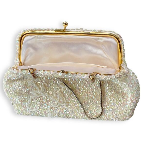 Vintage Opalescent Sequin Seed Bead Kisslock Snake Chain Evening Frame Purse - Picture 10 of 16